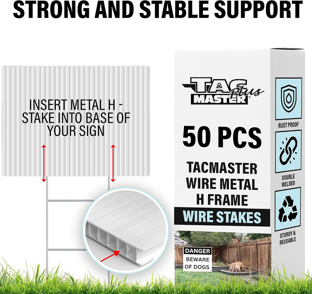 Tacmaster Wire Metal Yard Sign H Stakes, 30"x10", 50 Pack