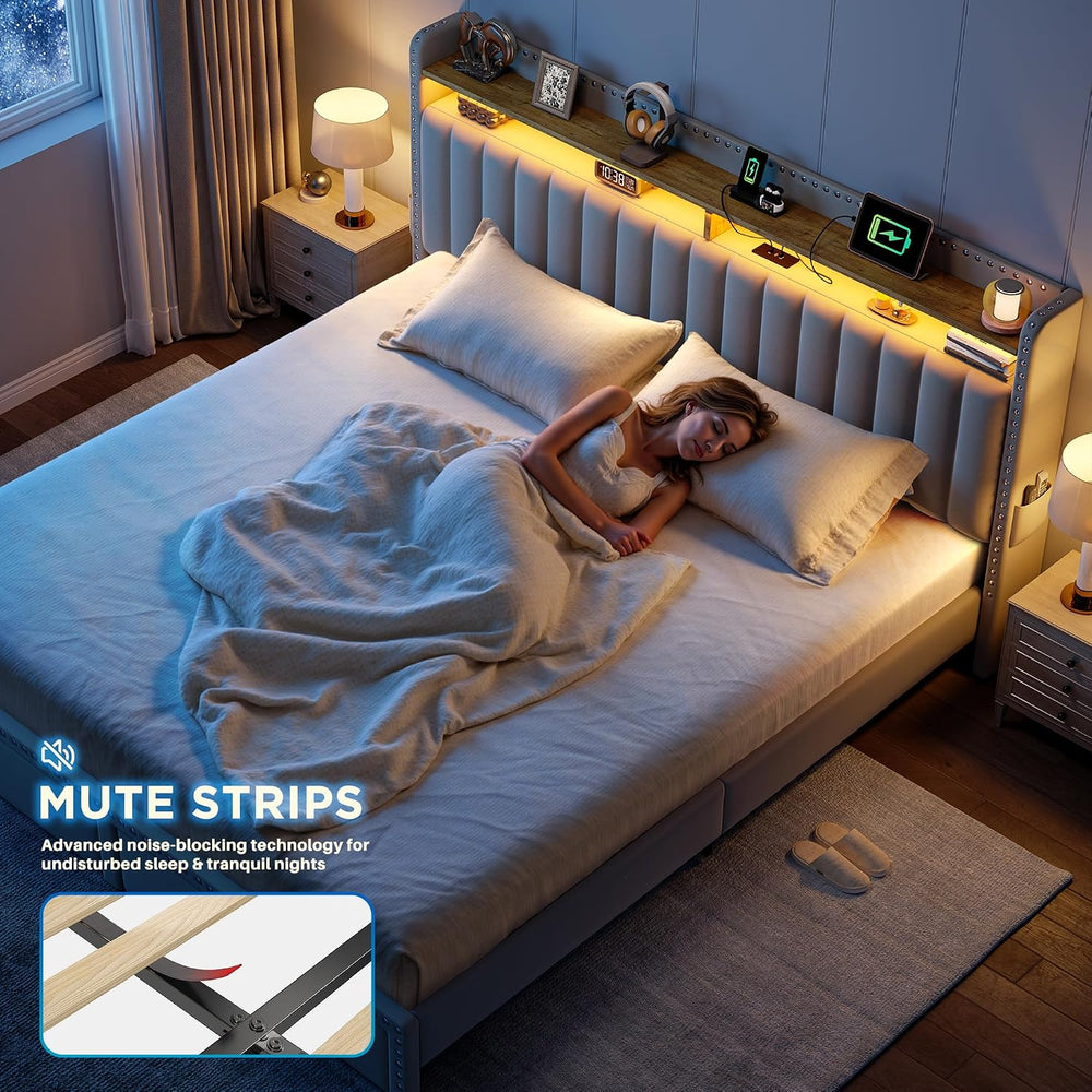 EnHomee Queen Size Bed Frame with 2 Drawers, LED & Charging Station, Beige