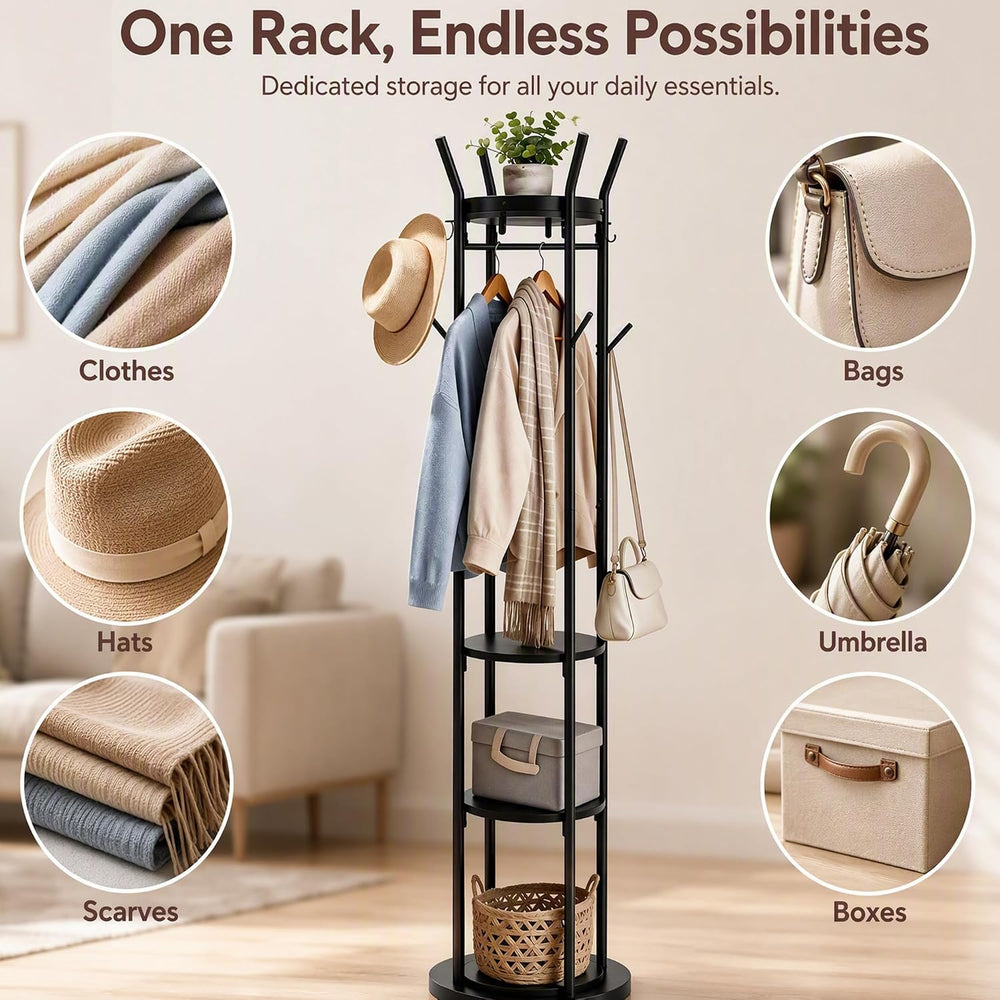 HOMEFORT Coat Rack Freestanding,Metal Coat Stand,4 Shelves,12 Hooks,Black