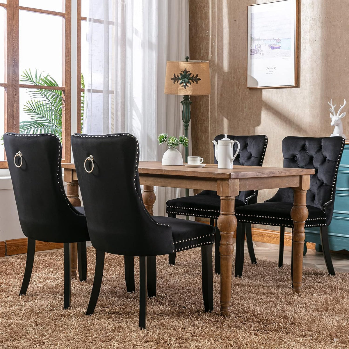 black velvet dining chairs set of 4, tufted shown in use