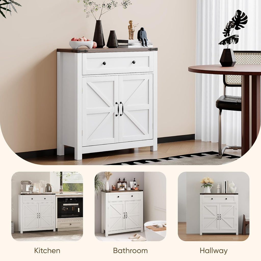 Semiocthome Farmhouse Sideboard Buffet Cabinet with Storage and Adjustable Shelf, Accent Table with Barn Door, Storage Cabinet for Kitchen, Dining Room, Bathroom, Entryway - White