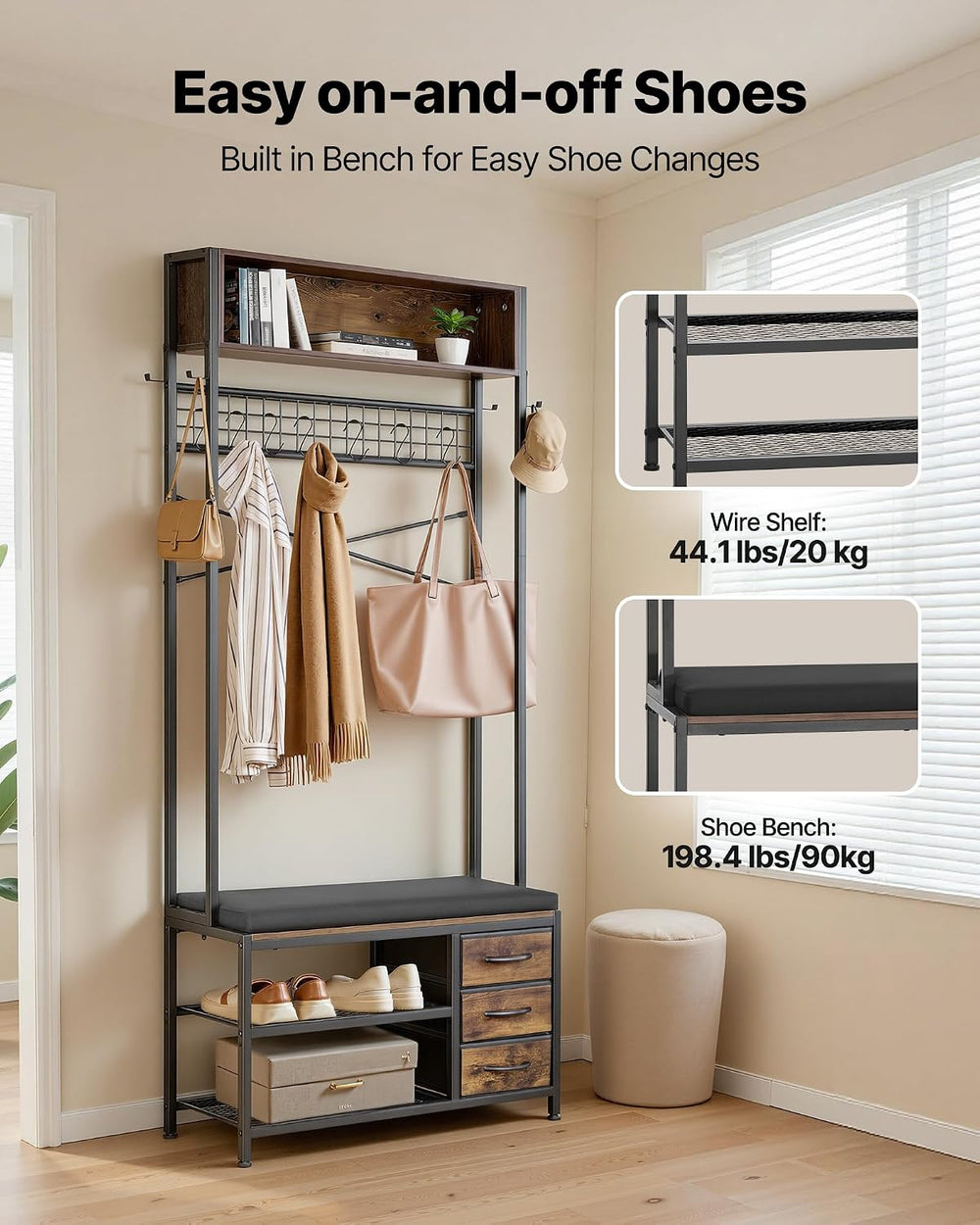 VEVOR Hall Tree with Bench and Shoe Storage, Entryway Bench with Coat Rack, 3...