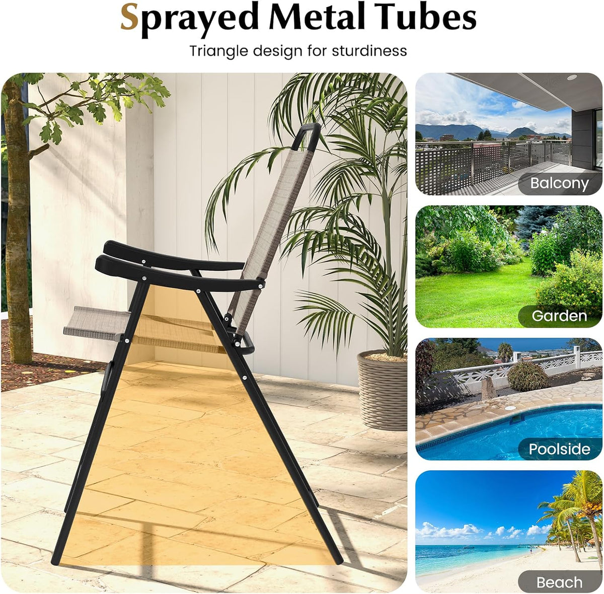 COSTWAY 2 Pieces Patio Folding Bar Chairs with Metal Frame, Footrest, Arms
