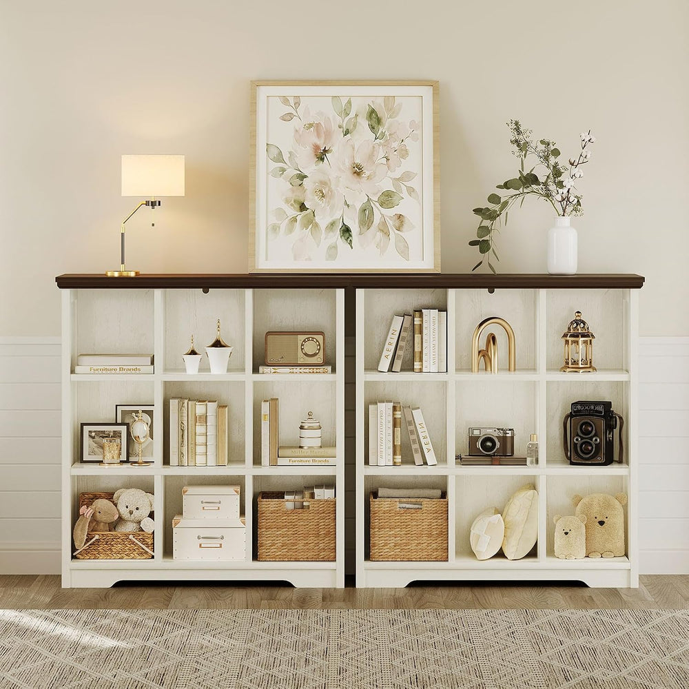 OffiGo 9 Cube Organizer Bookcase, Cube Shelf with Storage, Walnut + White