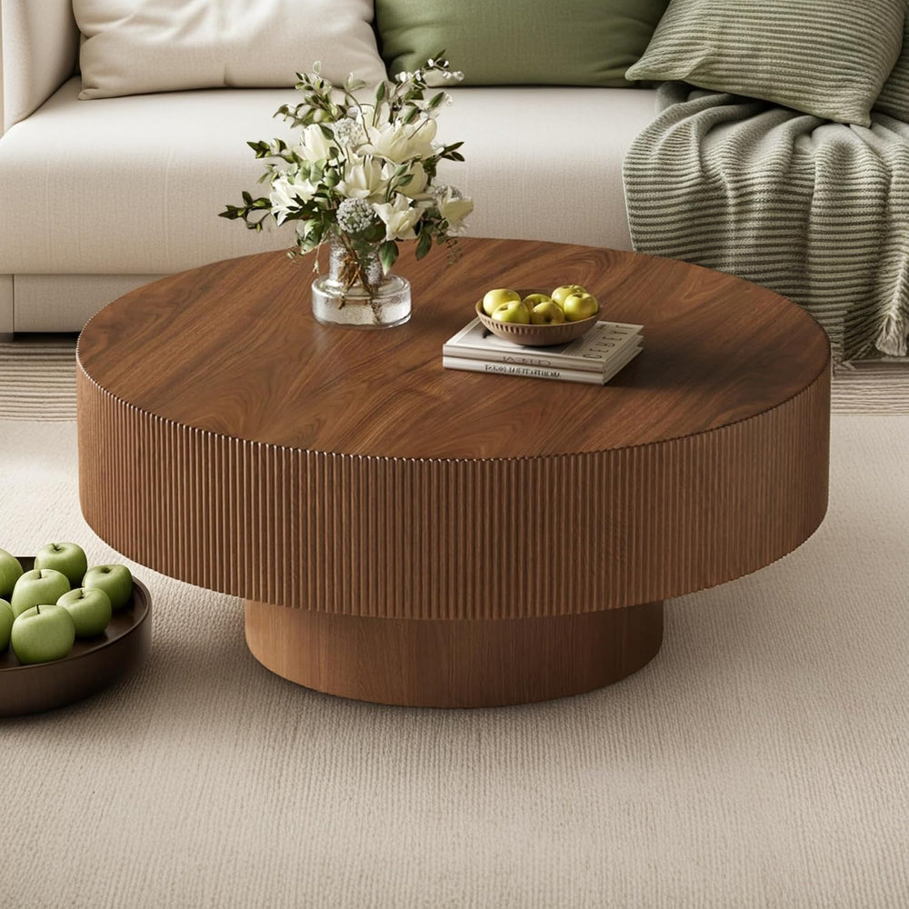 Merax Modern Round Coffee Table with Sturdy Base, Walnut