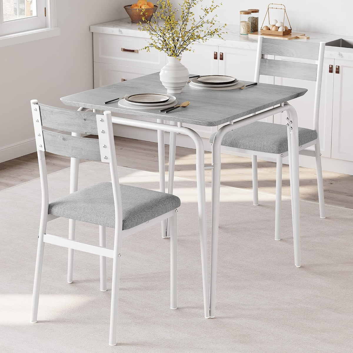 Dining Table for 2, Small Table and Chairs Set of 2, Square Dinette Set for 2, Dinner Table Set, 3 Piece Kitchen & Dining Room Sets for Small Space, Apartment (White, Dining Table with 2 Chairs)
