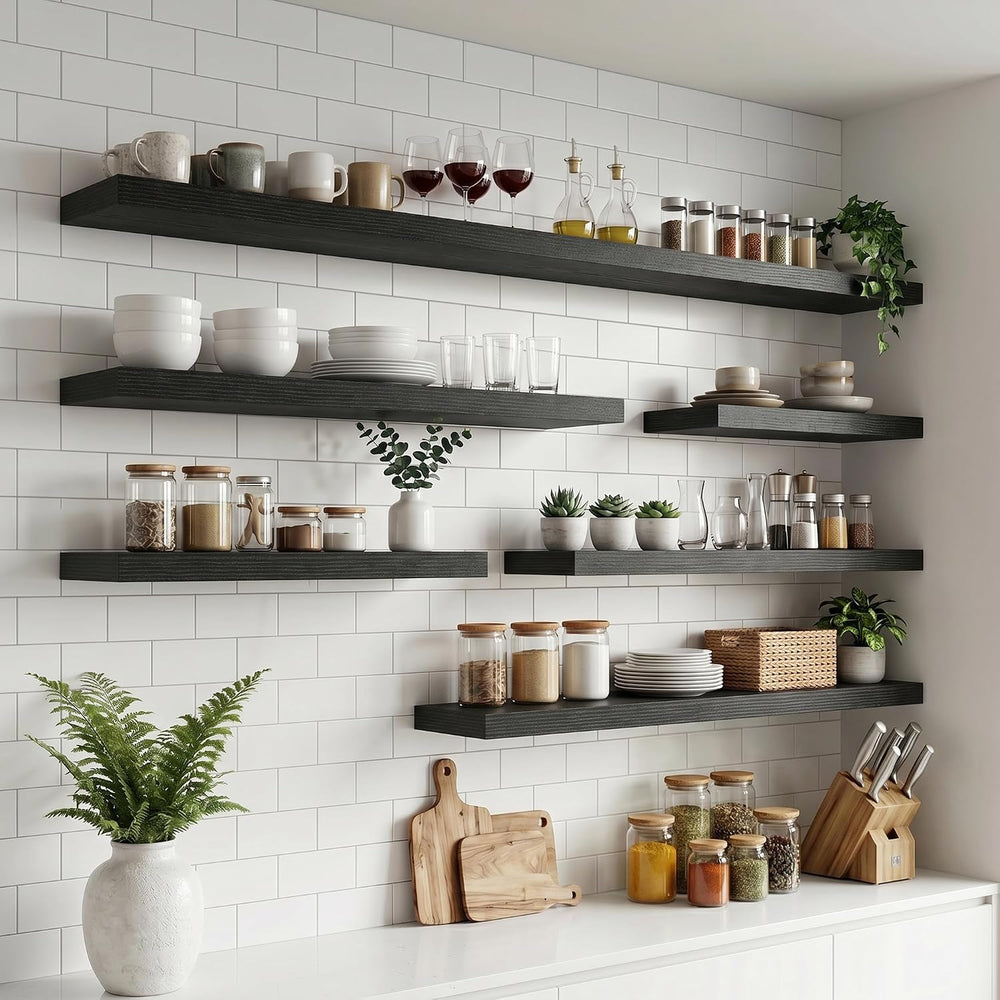 20 Inch Floating Shelves for Wall, 8"D Wood Storage Shelves, Black Finish