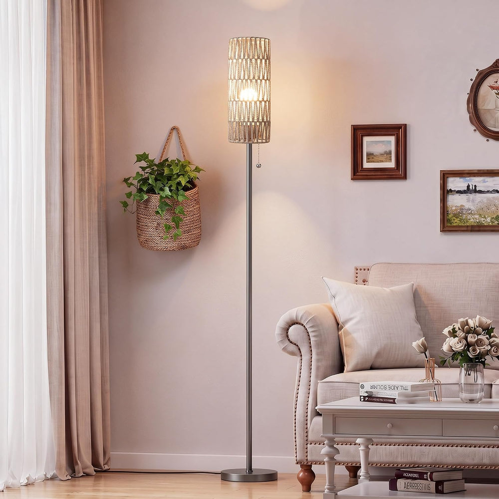 Ambimall 64" Floor Lamp with Bulb & Rattan Shade & Chain Switch,...