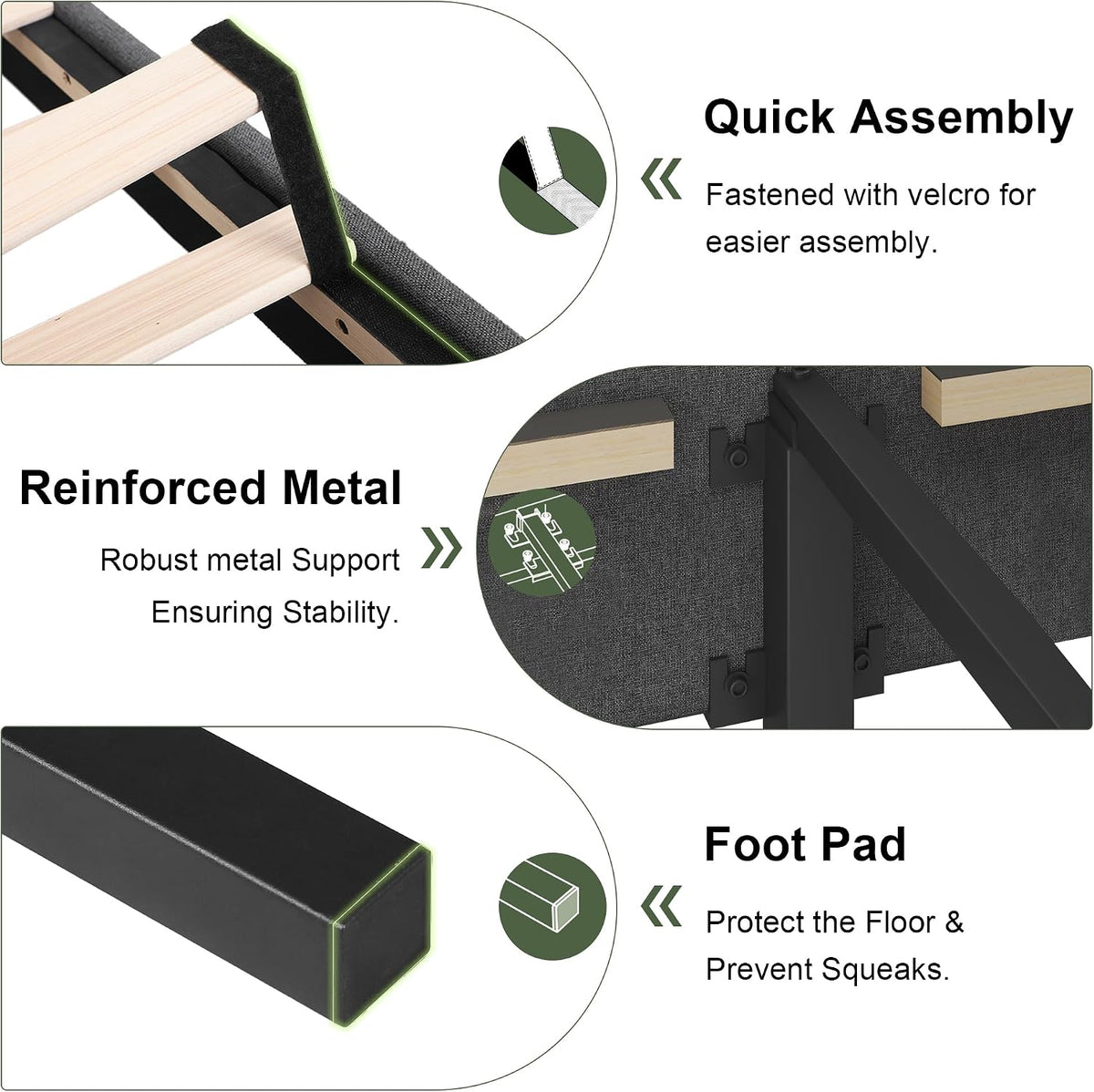 Feonase Twin Platform Bed Frame, Fabric Upholstered Twin Bed Frame, Solid Wood Slats & Heavy Duty Feet Support, No Box Spring Needed, Noise-Free, Easy Assembly, Dark Grey