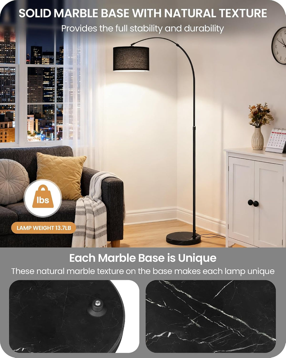 75" Dimmable Black Arc Floor Lamp with Marble Base and Adjustable Height
