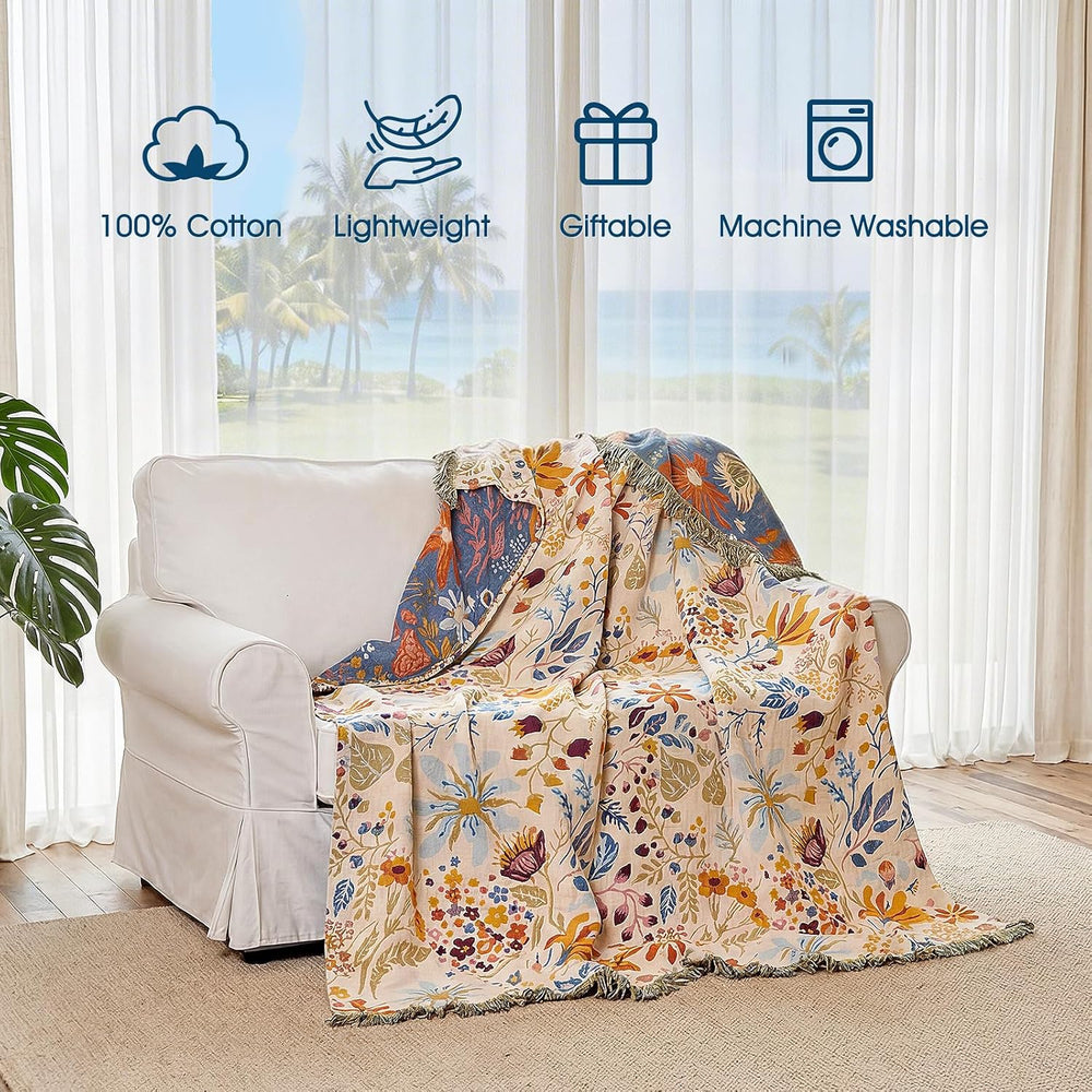 Cotton Throw Blanket Boho - 50"x60" Soft Floral Blankets, Sofa, Bed