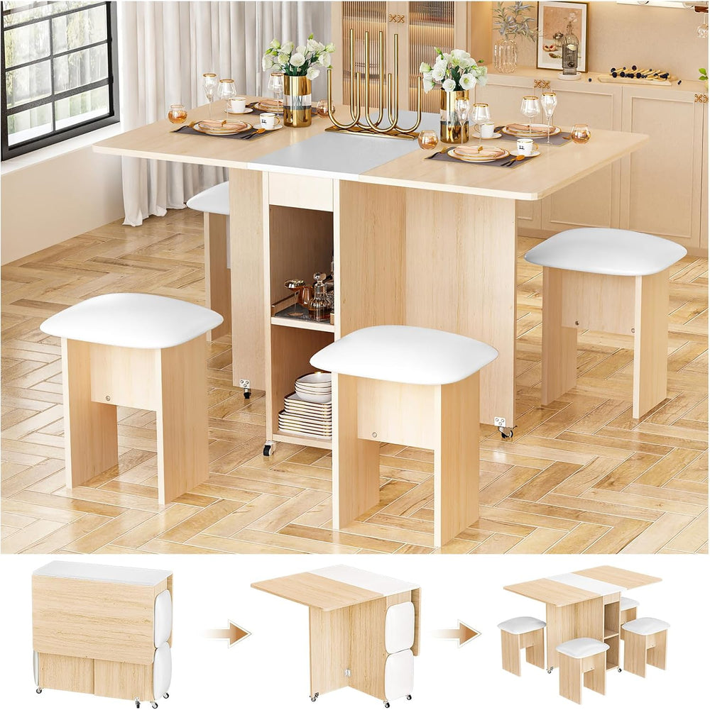 AWQM Folding Dining Table Set, Storage Folding Table & Chair, Beige White