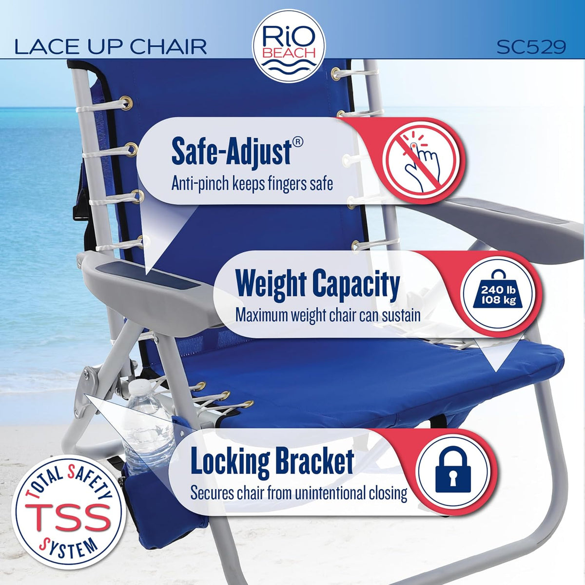 rio brands asc529 4-position backpack lace-up suspension folding showing dimensions