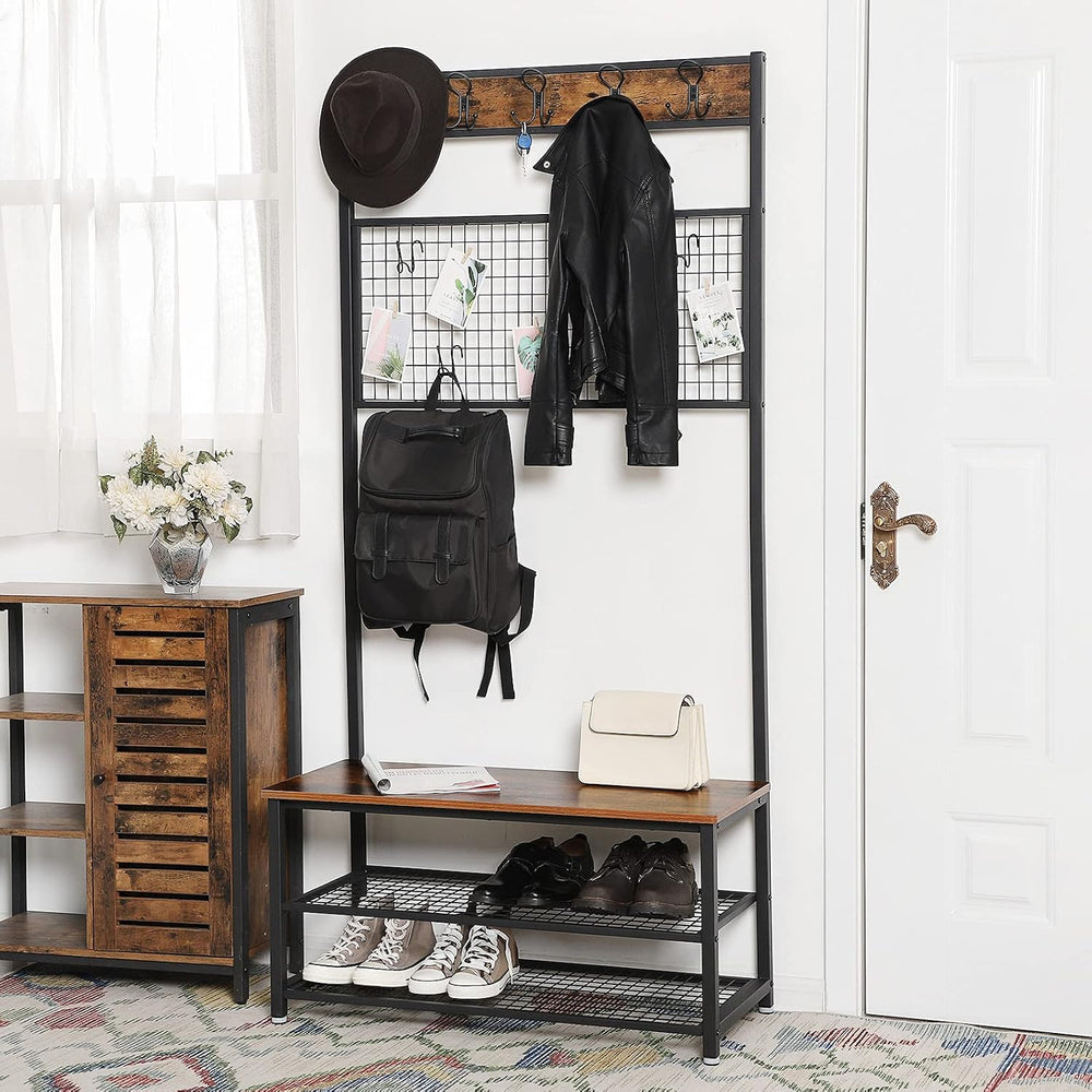VASAGLE Coat Rack and Storage Bench, Hall Tree with 9 Hooks, Iron Frame