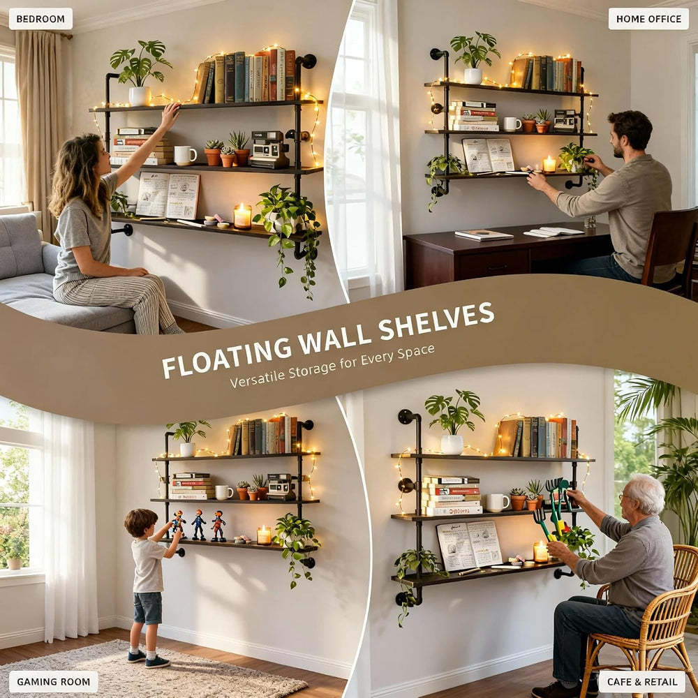 HDDFER Industrial Pipe Shelving Rustic Black Wall Shelves with Wood Planks In...