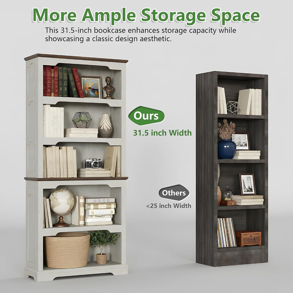 70'' Farmhouse White Bookcase Bookshelf, 5 Tiers Bookshelf with Arche...