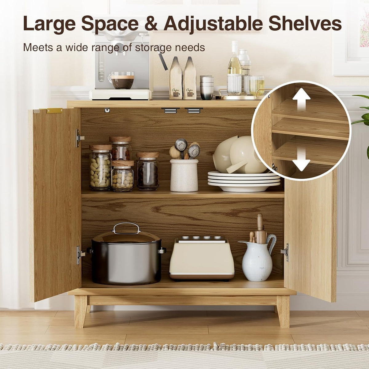 Fluted Cabinet with Storage, Mid Century Modern 2 Doors Sideboard Buffet