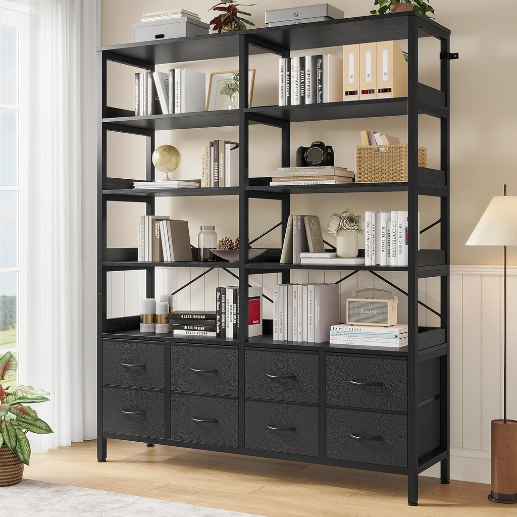 HAUOMS Bookshelf with 8 Fabric Drawers,Baffles Shelves, 7-Tier, Black