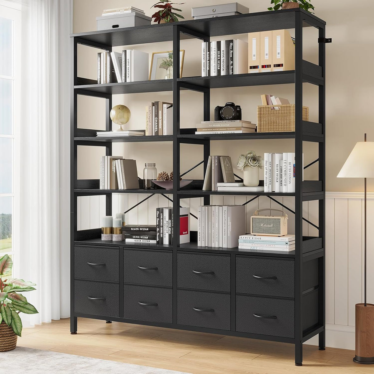 HAUOMS Bookshelf with 8 Fabric Drawers,Baffles Shelves, 7-Tier, Black