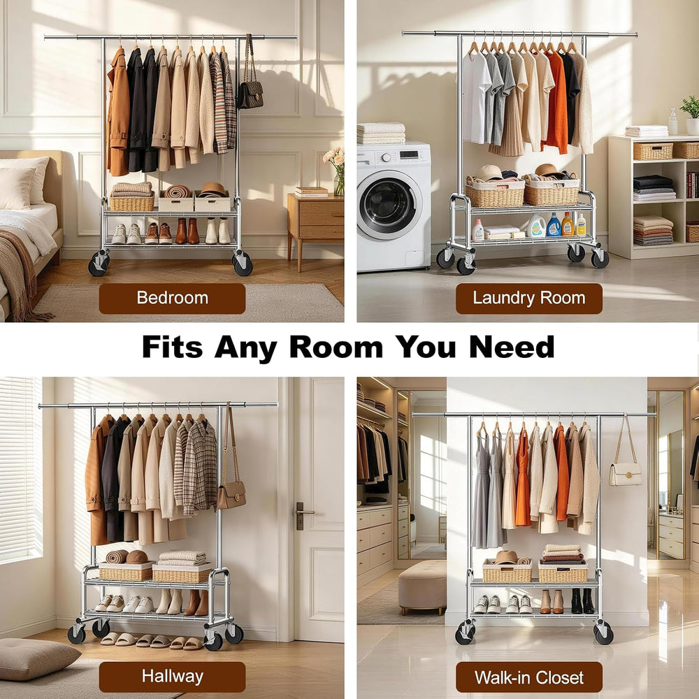 Clothes Rack Heavy Duty, 550 LBS Rolling Clothing Rack with Wheels, Silver
