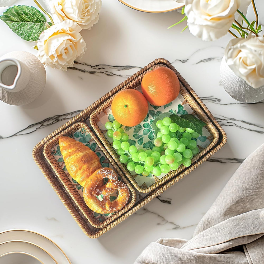 Rattan Serving Tray with Mother of Pearl Inlay,Set of 3 Wicker Serving Tray B...