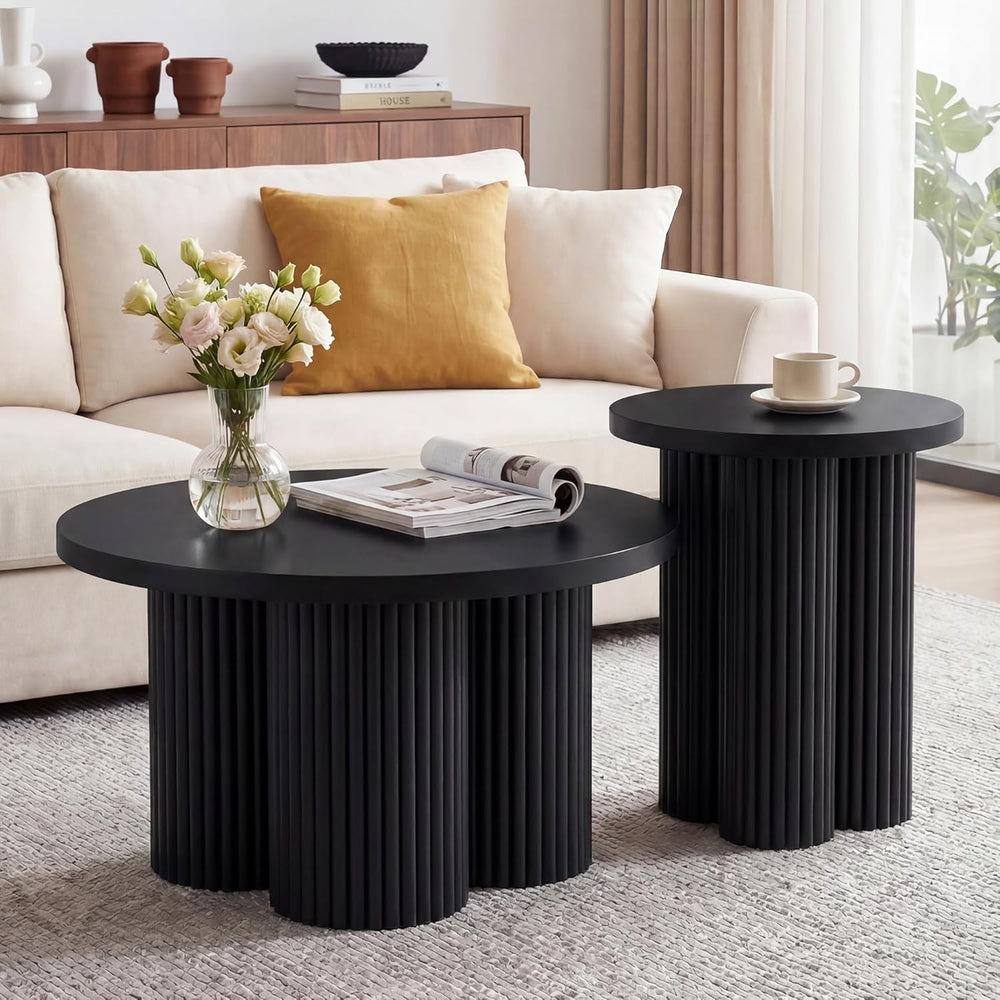 Nesting Coffee Tables Set of 2 Fluted Round Coffee Table(Black)