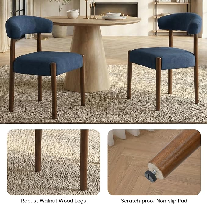VKNOW Wooden Dining Chairs Set of 4, Modern Upholstered Dining Room Chairs with Walnut Wood Legs and Curved Backrest, Fabric Kitchen Chairs for Farmhouse/Dining Room, Blue