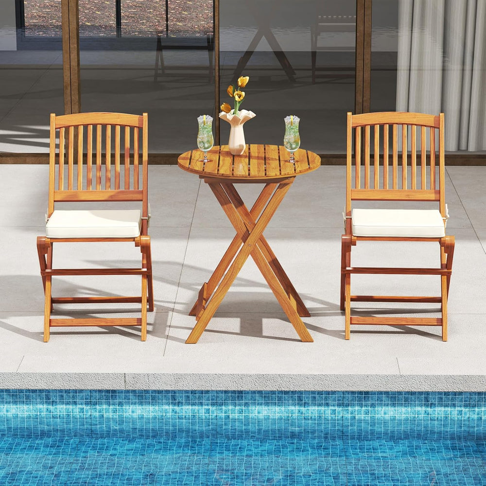 HAPPYGRILL Outdoor Folding Chairs Set of 4, Acacia Wood High-Back Chair w/Sea...