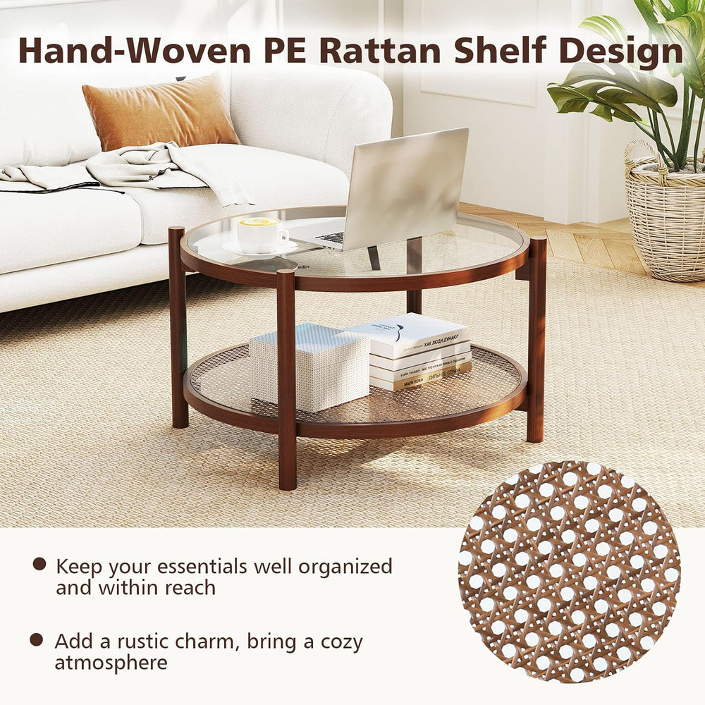 GOFLAME Rattan Coffee Table, Boho Glass Center Table with Solid Wood Frame, T...