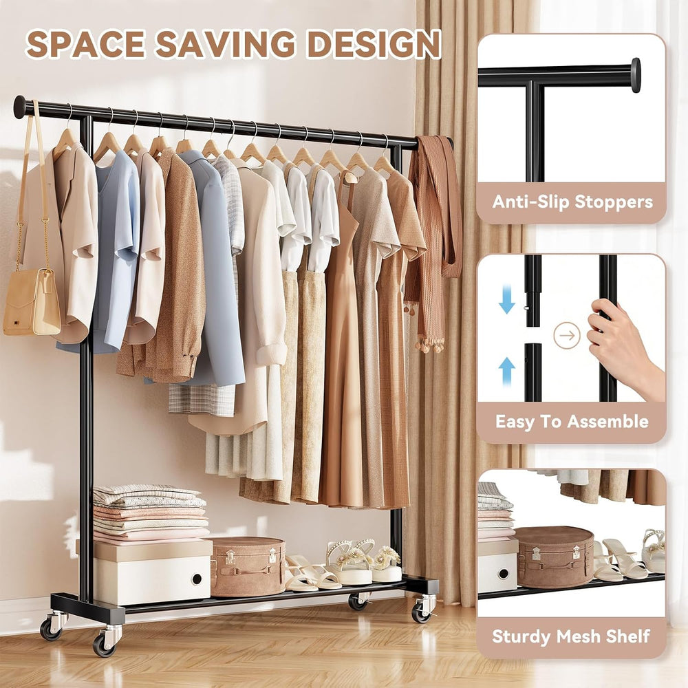 Standard Clothes Rack, Rolling 60“L Clothing Garment Rack with Wheels for Han...