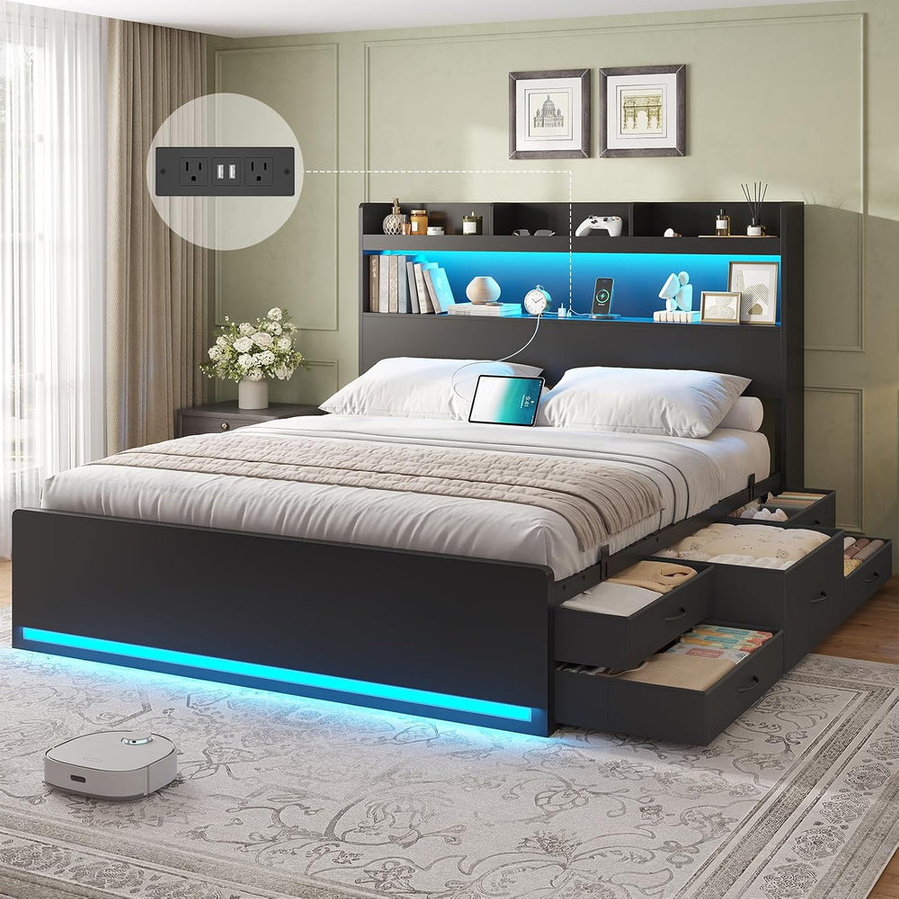 DICTAC Full Bed Frame with Storage Headboard & 5 Drawers, LED Bed Frame F...