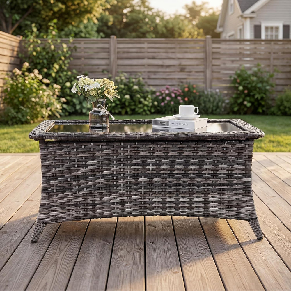 Belord Patio Coffee Table Outdoor Rectangular Glass Table, Handwoven Rattan P...
