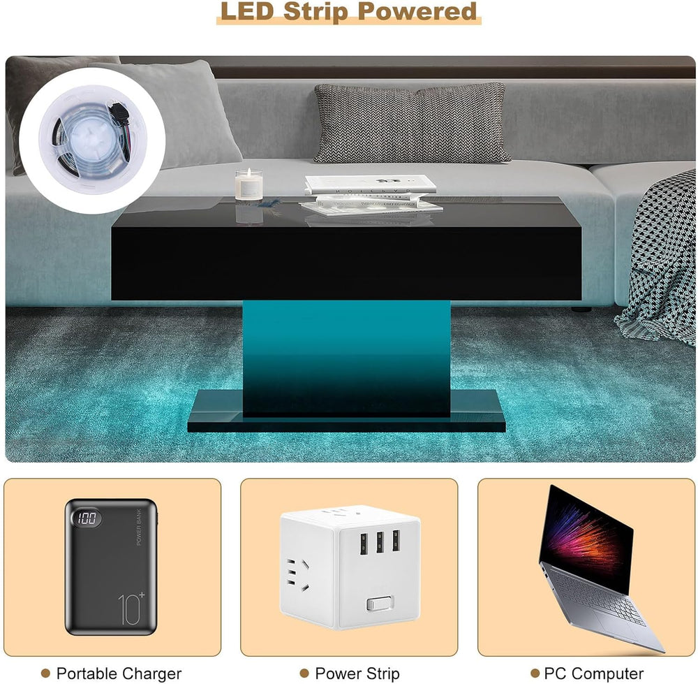 HedoAjim Black Led Coffee Table for Living Room, Rectangular Center Table