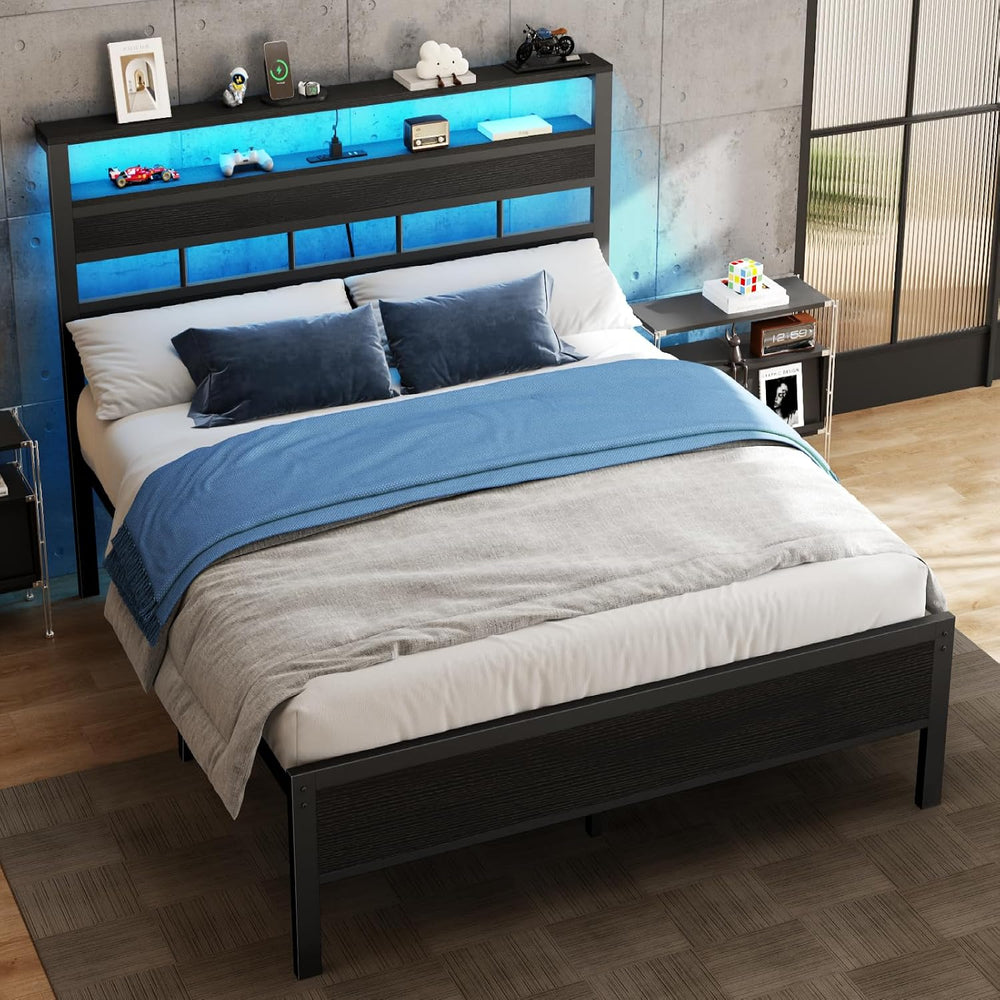 Furnulem Full Size Bed Frame, Storage Headboard, LED & Charger, Black Oak