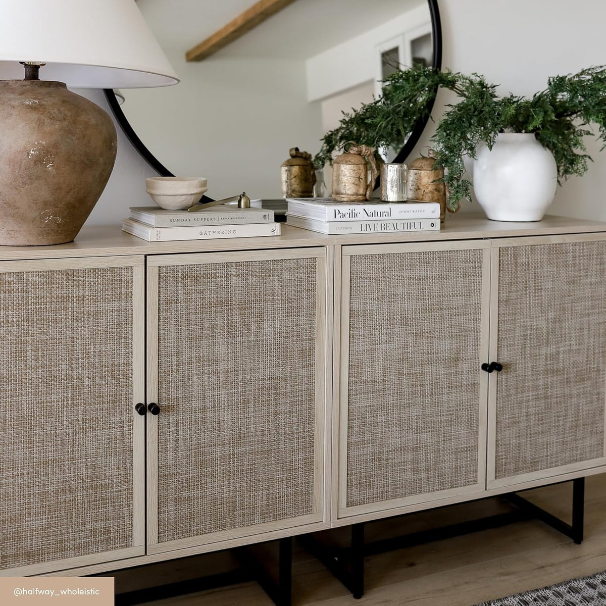 Nathan James Kova Accent Sideboard Storage Cabinet in Light Wood and Rattan with Metal Frame, Adjustable Shelves and Cane Doors, for Hallway, or Living Room, Light Oak/Cane/Black