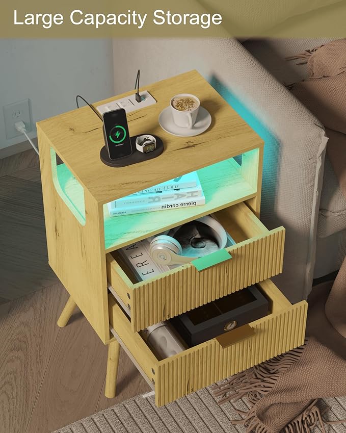Nightstand with Charging Station and LED Lights,Modern Bedside Table with 2 Storage Drawer and Open Wood Shelf, for Bedroom and Small Spaces,Night Stand with Solid Wood Legs (Yellow Oak)