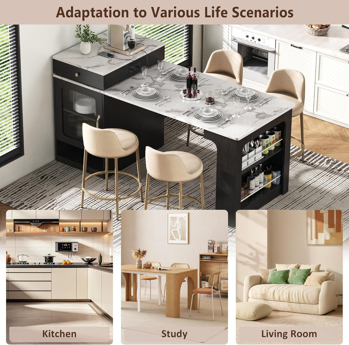 Virubi 59.5" Kitchen Island with Extendable Dining Table, Kitchen Storage Table with Double-Sided Storage & 2 Drawers, Power Outlet, Side Open Shelves, for Dining Room (Black3)
