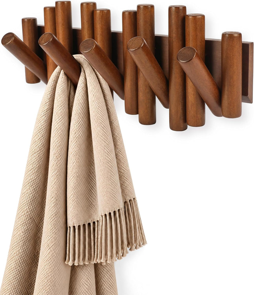 Folding Wall Coat Rack, 5 Flip-Down Wood Hooks for Entryway, Brown