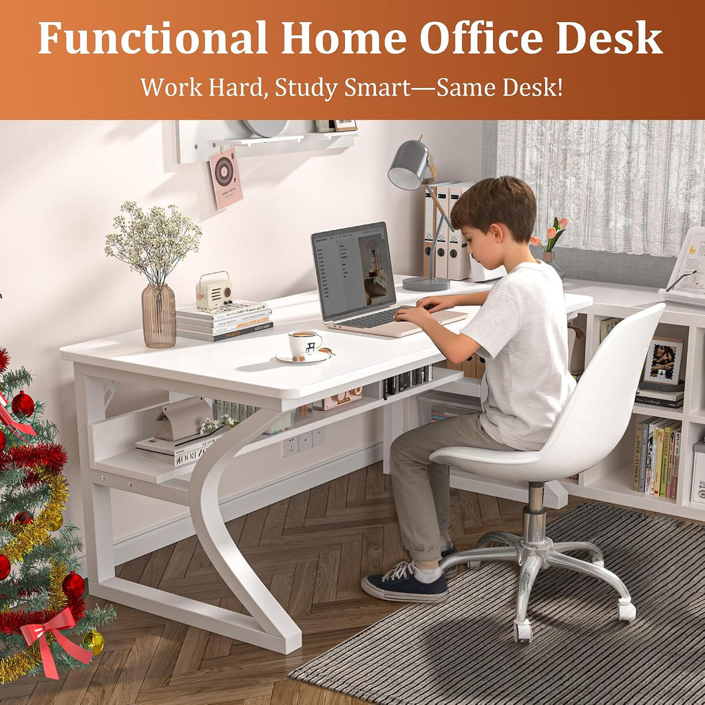 55 inch Computer Desk, Home Office Desk with Storage Shelf, Sturdy U-Shaped Metal Frame Study Table with Cable Management, Gaming Desk for Office & Bedroom (White, 55inch)