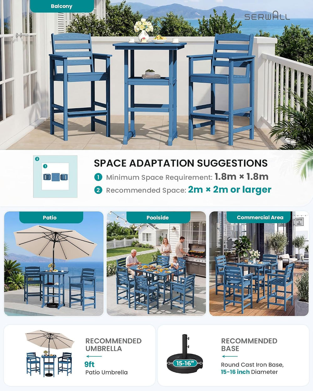 SERWALL 3 Pcs HDPE Bar Height Chairs and Double Layer Pub Table Set, Blue