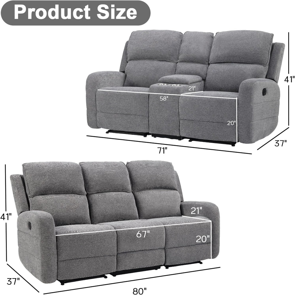 EBELLO Manual Living Room Furniture Reclining Couch Set, Soft Fabric Recliner...