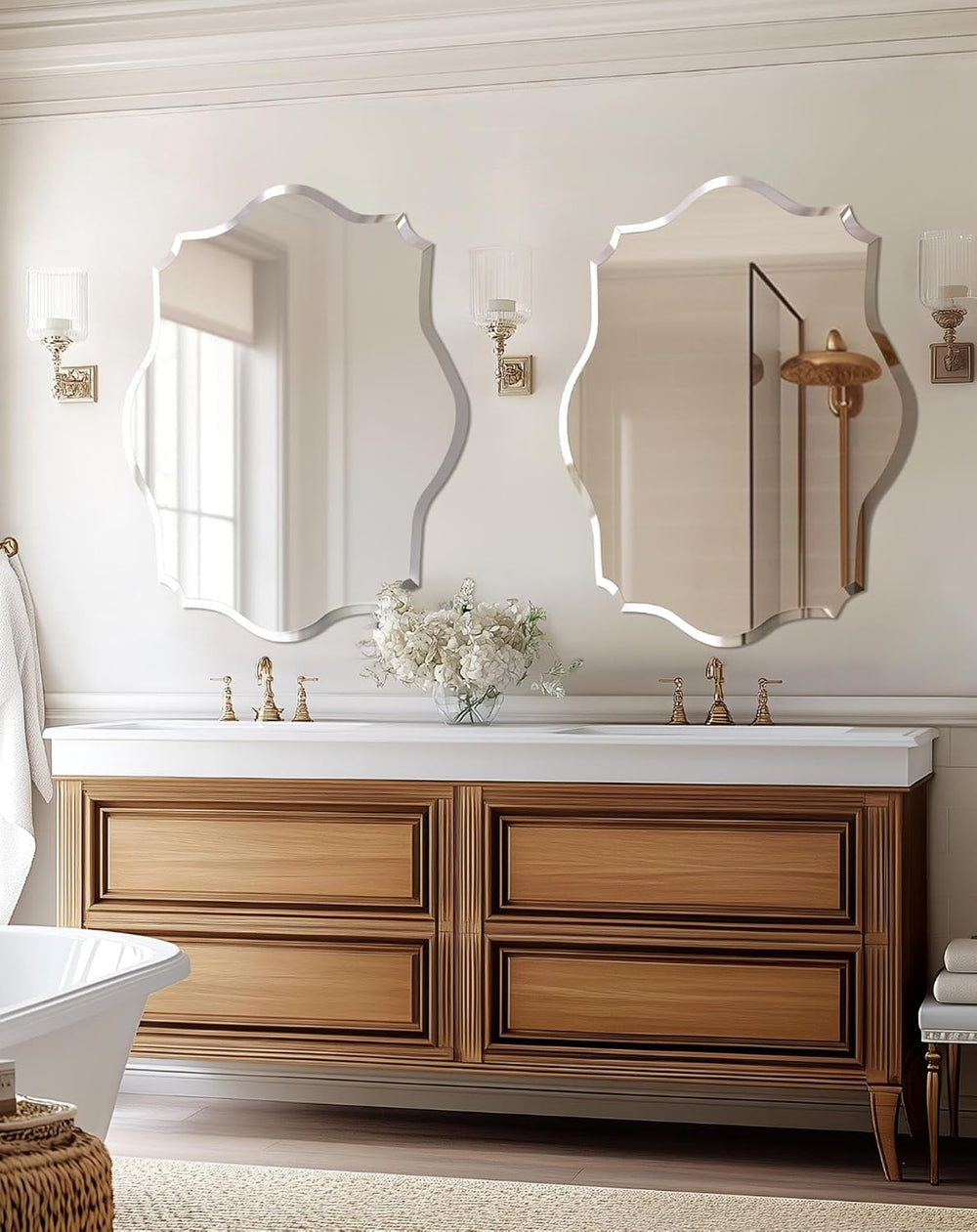 Frameless Scalloped Wall Mirror: Modern Glass Mirror 27.6x19.7 inch