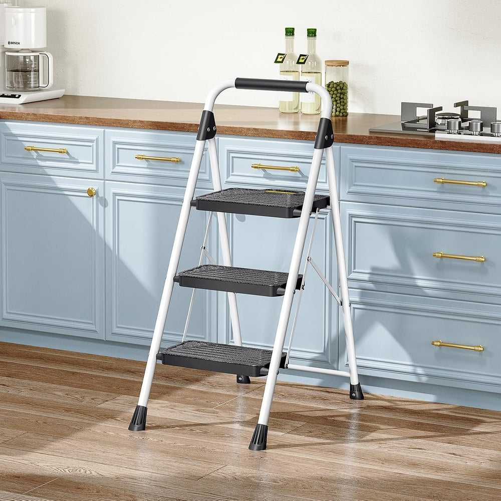 TOOLF 3 Step Ladder, Folding Portable Ladder with Anti-Slip Pedals, White
