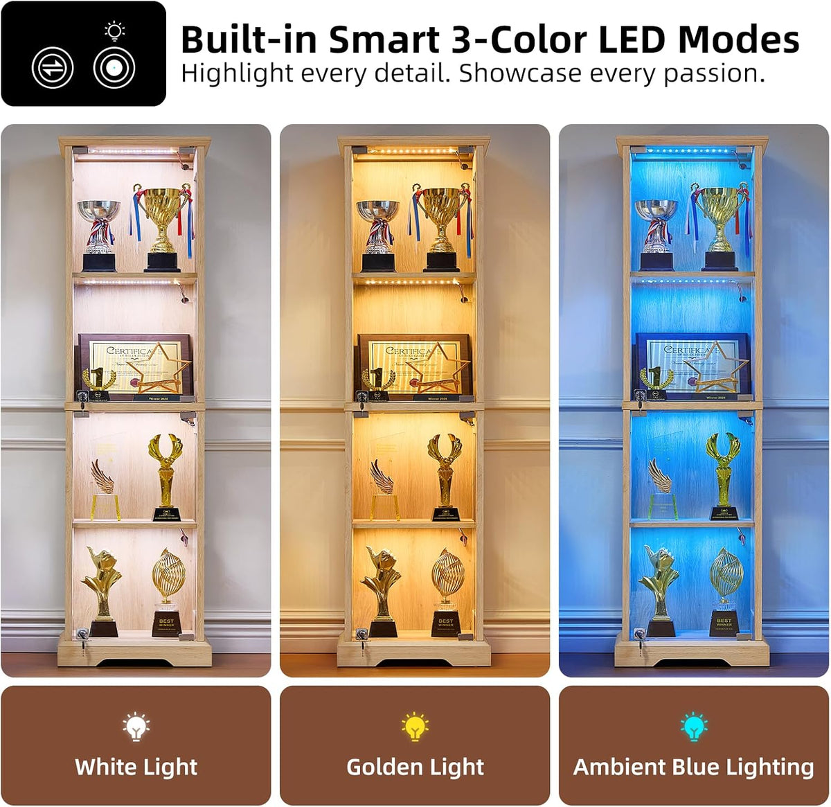 LELELINKY Farmhouse Narrow Glass Display Cabinet with Doors & Lock, Natural