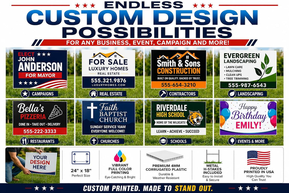 Custom Yard Signs 18x24 Full Color Double Sided Corrugated Plastic Metal Stak...
