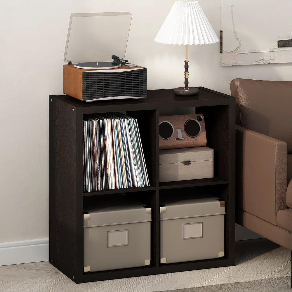 Furinno Cubicle Record Player Stand, 4-Cube Record Storage, Dark Oak
