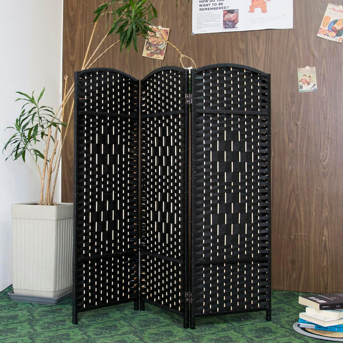 Furnnylane 3 Panel Black Rattan Room Divider for Room Separation, 47.2" Low Height Double Sided Folding Privacy Screen, Freestanding Partition Screen for Home Office - 3.95 ft Tall