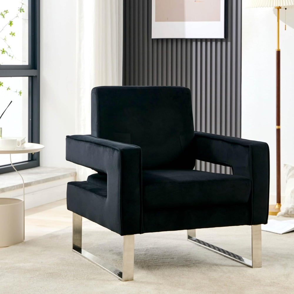 Velvet Accent Chair, Modern Armchair with Silver Base, Black