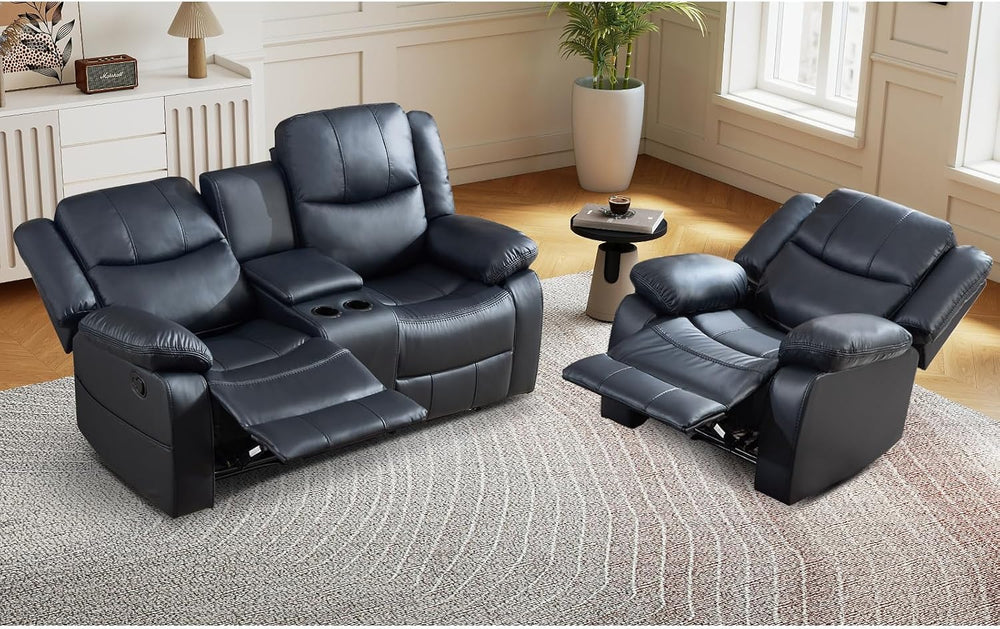 EBELLO 2 Piece Manual Recliner Sofa Set, Faux Leather Reclining Living Room F...