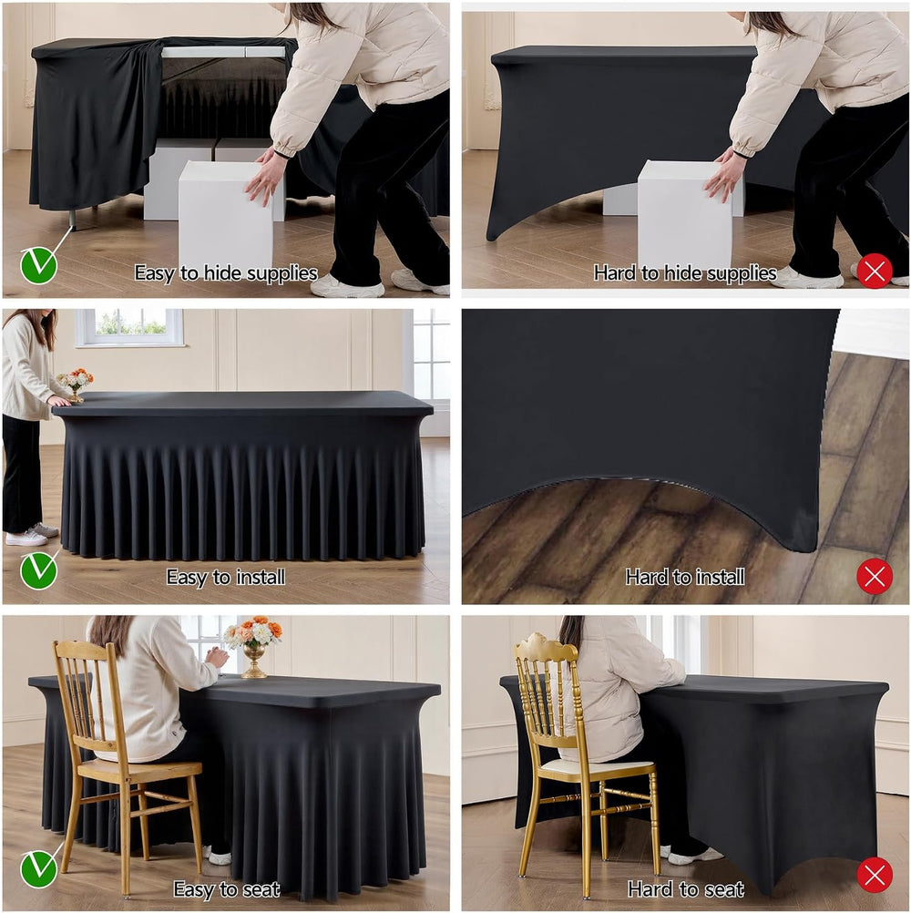 leegleri 4 Pack Black Spandex Table Cloths for 6 Foot Rectangle Tables, Wrink...